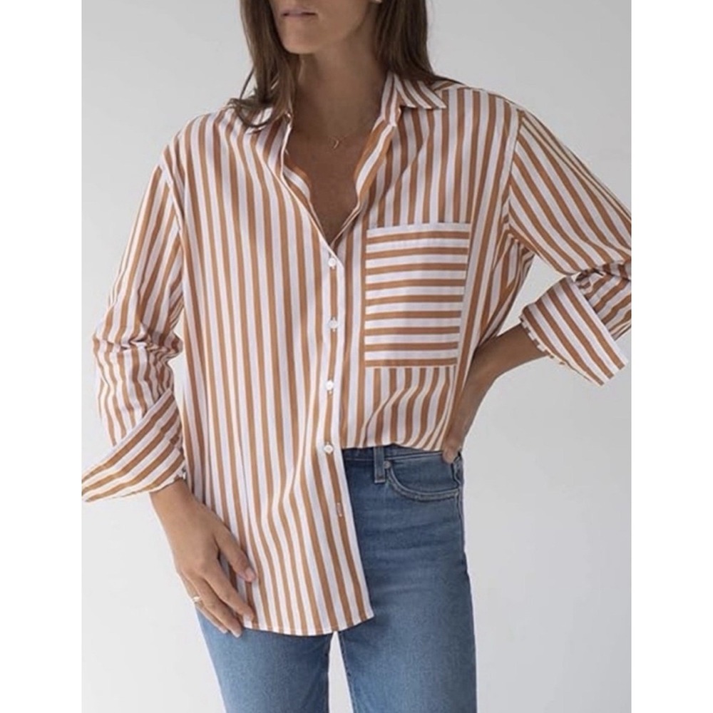 AYR The Deep End Striped Tan White Button Down Shirt Size Small